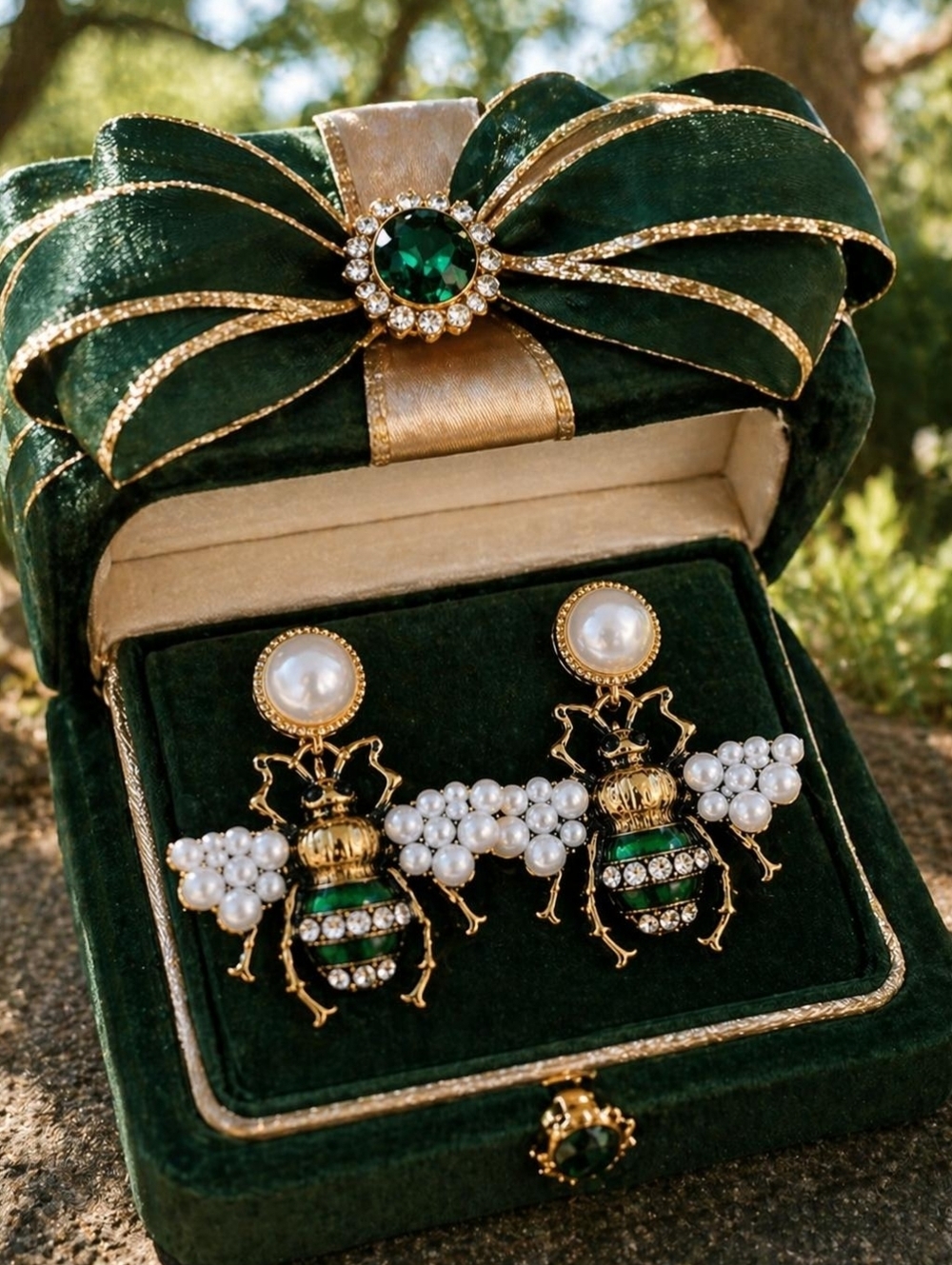 Gold Bee Drop Earrings with Green Crystals and Pearl Tops